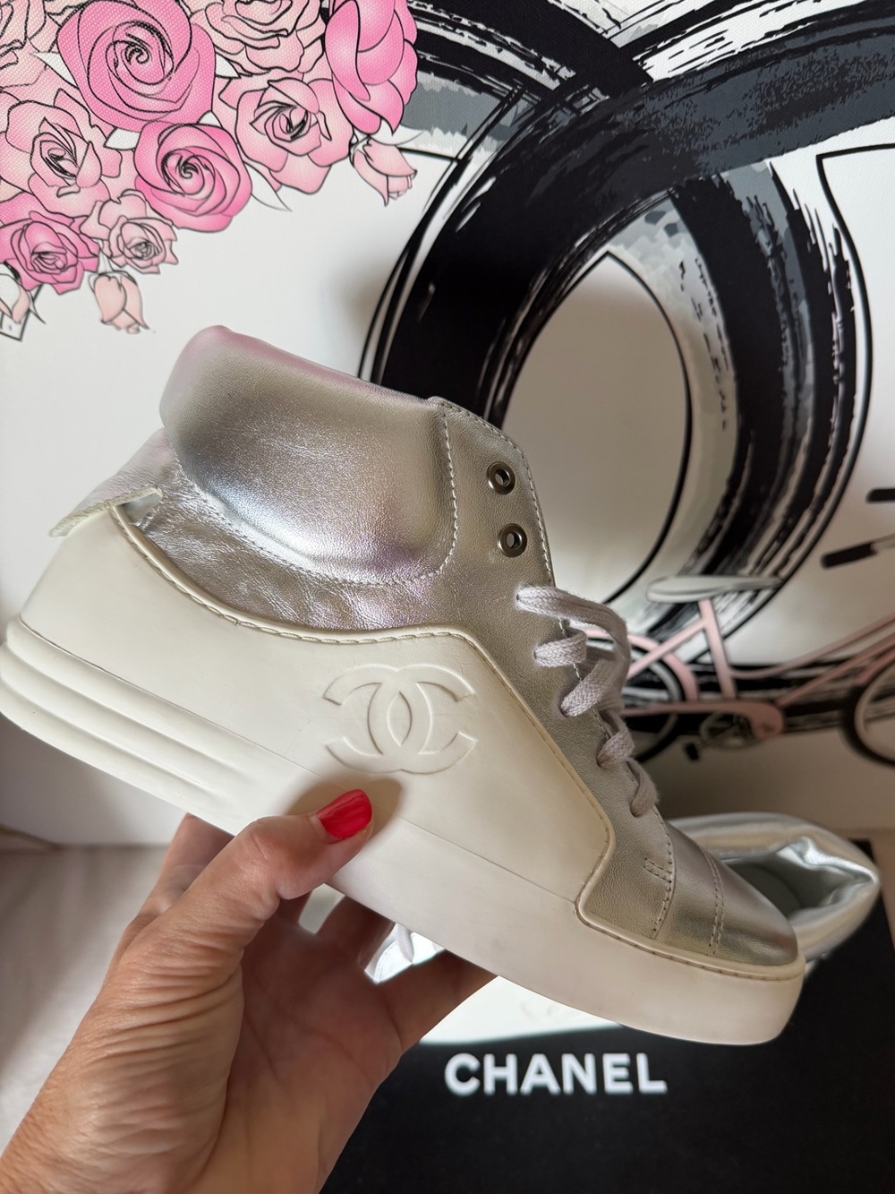 CHANEL High Top White Silver Leather Sneaker Shoes